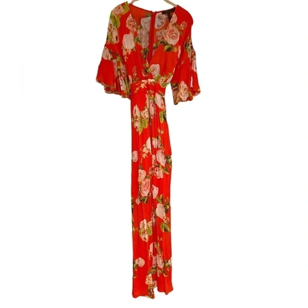BCBG Red Floral Short Sleeve Flutter Sleeve Wrap Maxi Dress - Size M - Picture 5 of 6